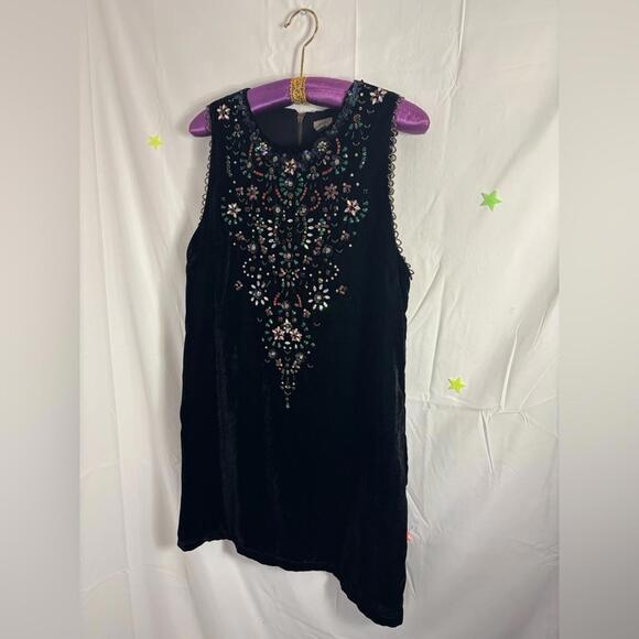 Retro Black Velvet Beaded Jeweled Sleeveless Cut Out Back Mini Shift Dress SizeL - Picture 15 of 15